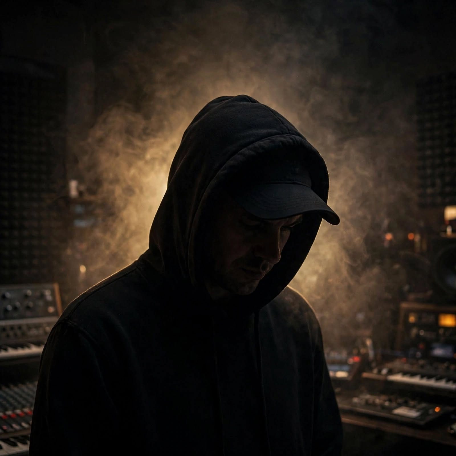 SONCE - hooded producer in smoky studio